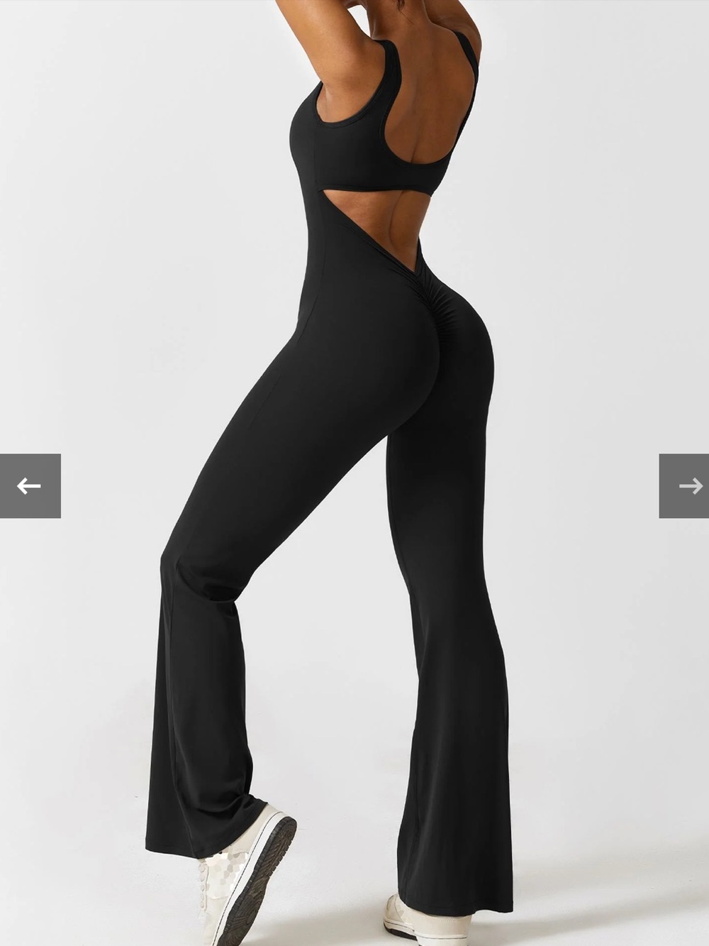 Black V Cutout Ruched Flare leg Jumpsuit Size M - Picture 2 of 13